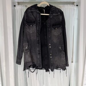 Free People Denim Distressed Oversized Jacket M